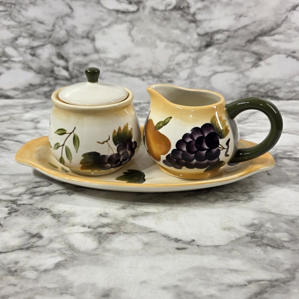 Home Interiors Sonoma Villa Fruit Design Creamer & Sugar with Lid & Saucer Tray